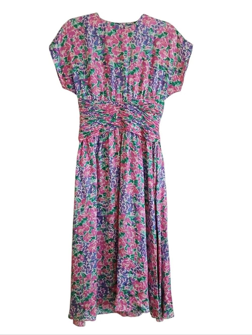 Vintage 80's Nordstrom Point Of View 100% Silk Floral Midi Dress 2 Shirred Waist